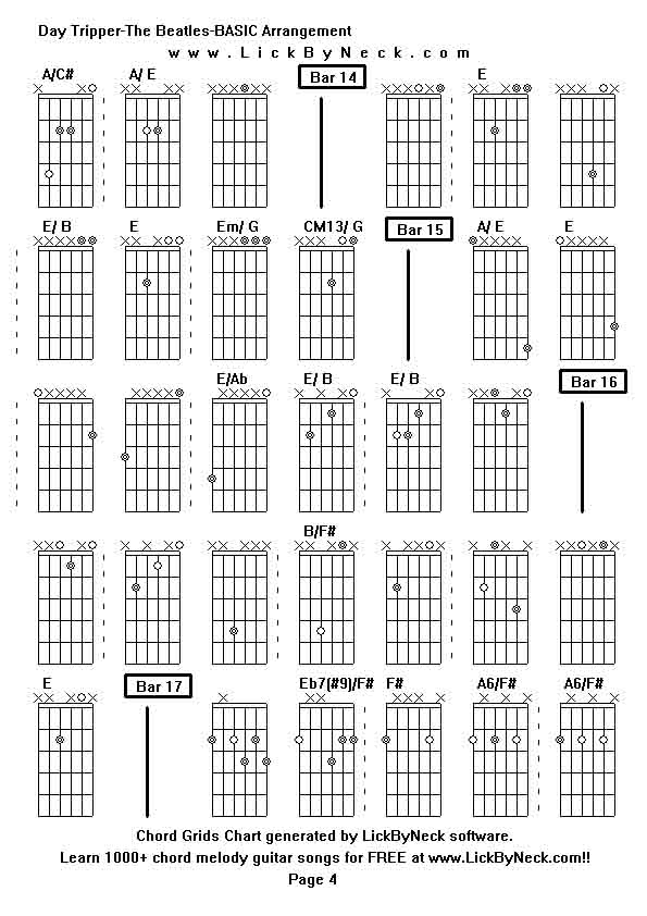 Chord Grids Chart of chord melody fingerstyle guitar song-Day Tripper-The Beatles-BASIC Arrangement,generated by LickByNeck software.